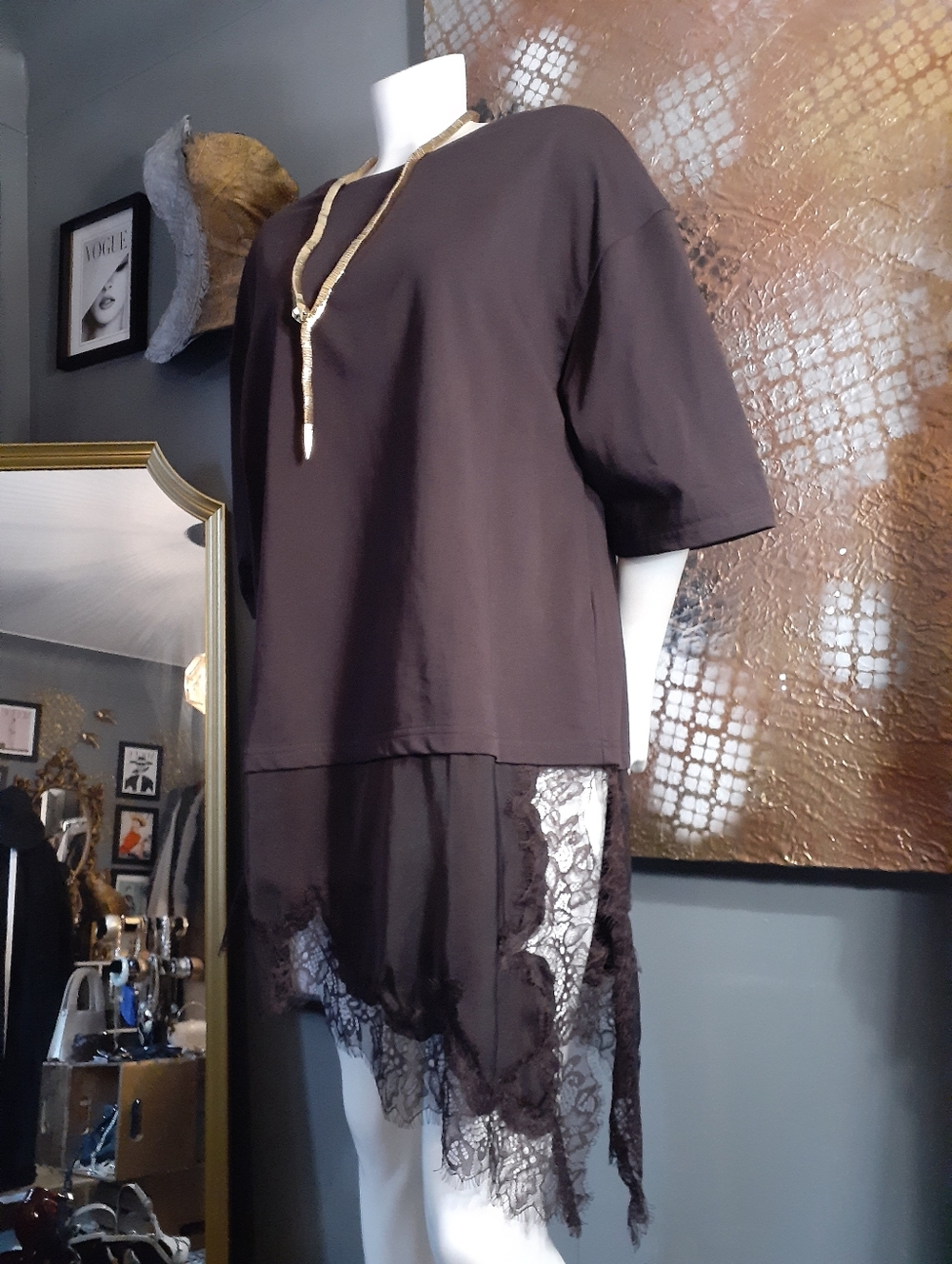 Zara Nwt Chocolate Brown/ Burgundy Lace-Hem Tunic Top